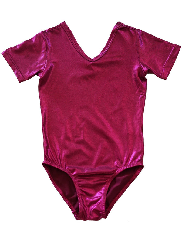 Girls Hot Pink Shiny Short-Sleeve Stylish Dancewear Leotard 9M-8 - SophiasStyle.com