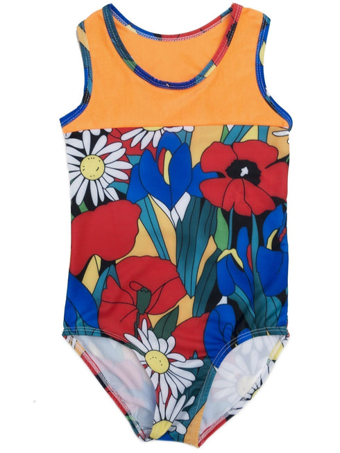 Girls Orange Multi Flower Print T-Back Sleeveless Leotard 9M-8 - SophiasStyle.com