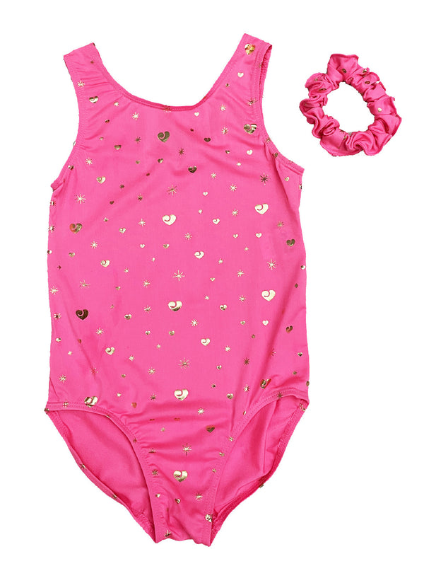 Little Girls Hot Pink Heart Star Hair Band Leotard 1T-8 - SophiasStyle.com