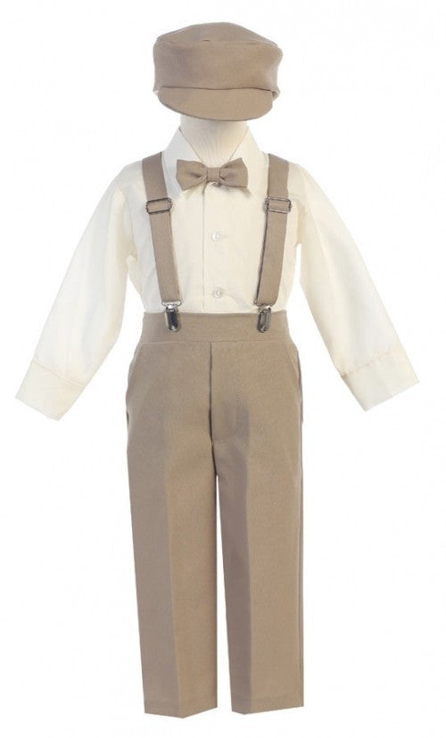 Little Boys Khaki Adjustable Clip-On Suspender Pants Hat Set 2T-7 - SophiasStyle.com