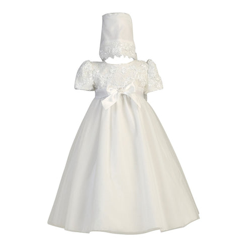 Lito Baby Girls White Embroidered Satin Ribbon Dress Bonnet Baptism Set 0-18M - SophiasStyle.com