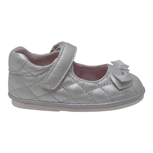Angel Baby Girls Silver Quilted Strap Bow Mary Jane Shoes 1-3 Baby - SophiasStyle.com