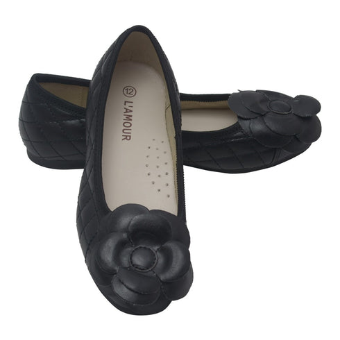 L'Amour Girls Black Quilted Flower Ballet Trendy Flats 7-10 Toddler - SophiasStyle.com