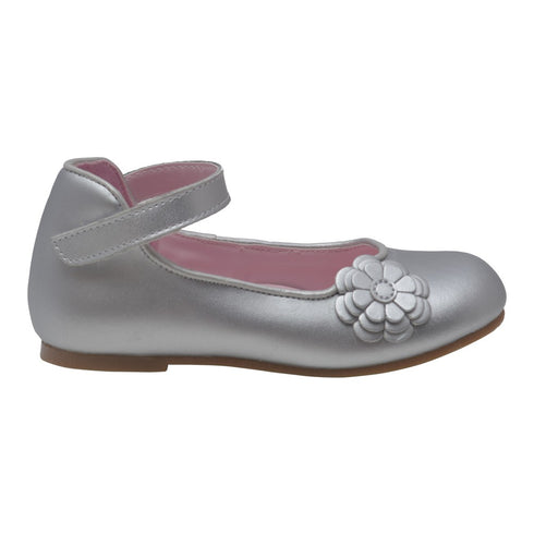 L'Amour Girls Silver Flower Applique Strap Flats 11-12 Kids - SophiasStyle.com