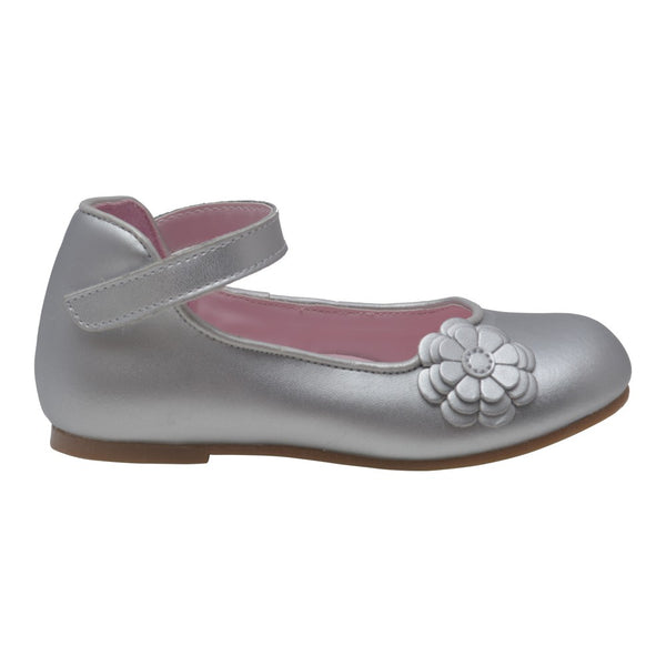 L'Amour Girls Silver Flower Applique Strap Flats 11-12 Kids - SophiasStyle.com