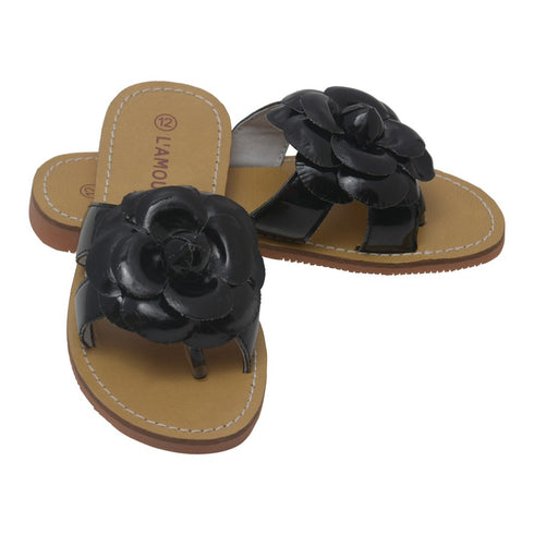 L'Amour Girls Black Flower Accent Thong Trendy Sandals 11-4 Kids - SophiasStyle.com