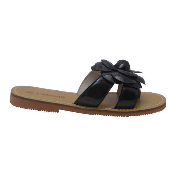 L'Amour Girls Black Flower Accent Thong Trendy Sandals 11-4 Kids - SophiasStyle.com