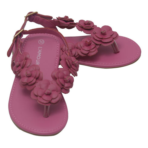 L'Amour Girls Fuchsia Flower Blossom Accent Buckle Thong Sandals 11-4 Kids - SophiasStyle.com