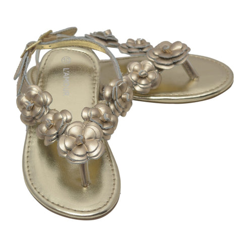L'Amour Girls Gold Flower Blossom Accent Buckle Thong Sandals 7-10 Toddler - SophiasStyle.com