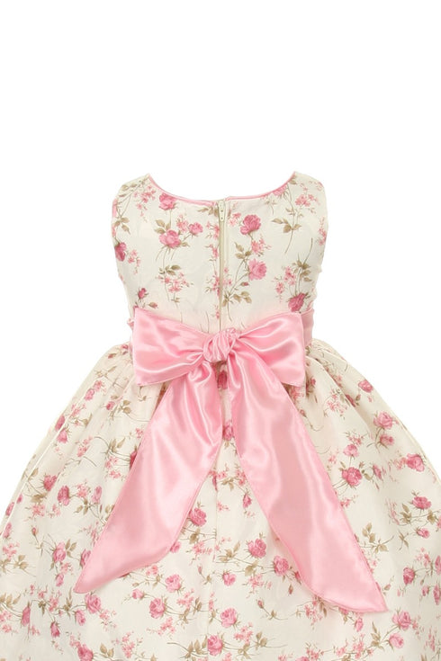 Little Girls Pink Jacquard Floral Printed Satin Rosette Sash Easter Dress 2T-6 - SophiasStyle.com