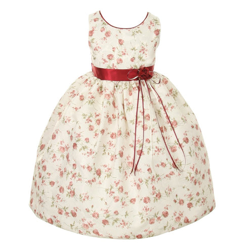Big Girls Burgundy Jacquard Floral Printed Satin Sash Easter Dress 8-12 - SophiasStyle.com