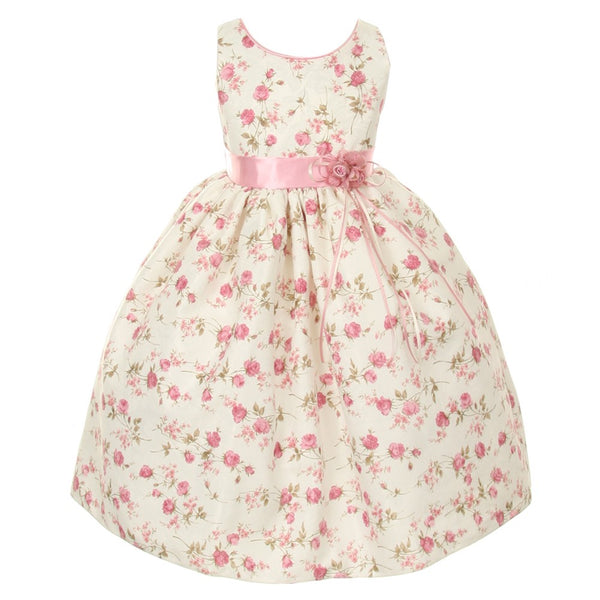 Little Girls Pink Jacquard Floral Printed Satin Rosette Sash Easter Dress 2T-6 - SophiasStyle.com