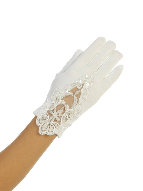 Girls Ivory Lace Embellished Matte Satin Special Occasion Gloves 0-14 - SophiasStyle.com