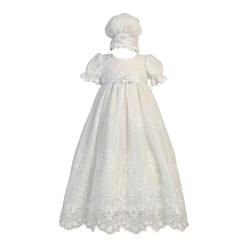Lito Baby Girls White Embroidered Tulle Gown Bonnet Baptism Set 0-12M - SophiasStyle.com