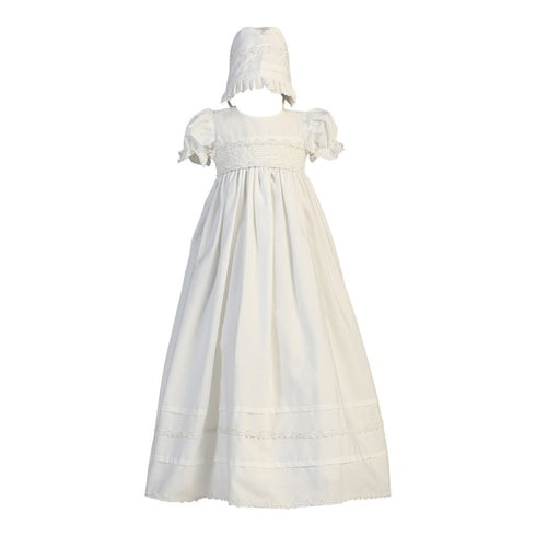 Lito Baby Girls White Smocked Cotton Long Gown Bonnet Baptism Set 0-18M - SophiasStyle.com