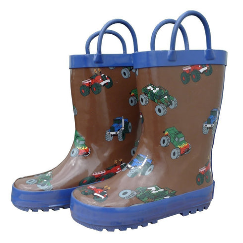 Brown Mighty Monster Trucks Toddler Boys Rain Boots 5-10 - SophiasStyle.com