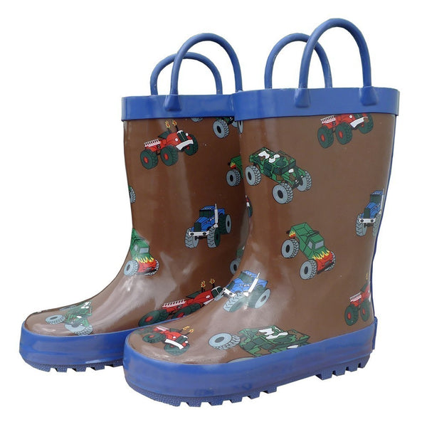 Brown Mighty Monster Trucks Toddler Boys Rain Boots 5-10 - SophiasStyle.com
