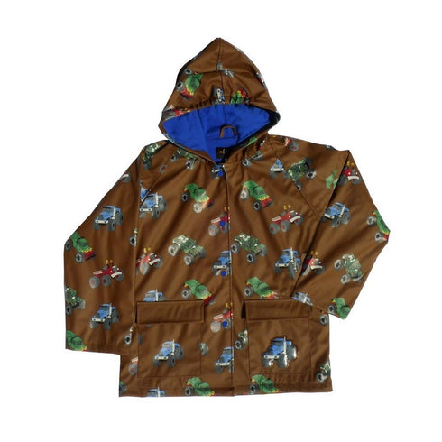 Little Boys Brown Monster Truck Rain Coat 2T-6 - SophiasStyle.com