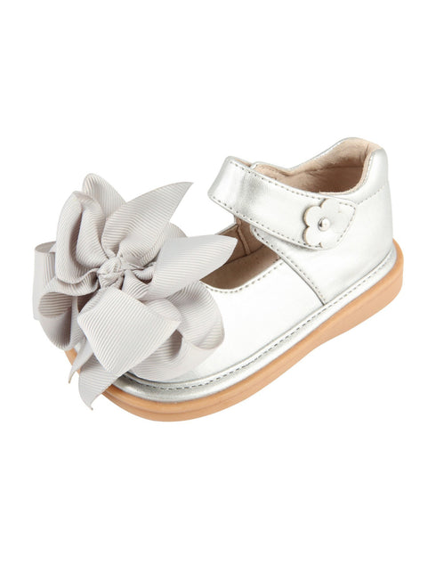 Mooshu Trainers Little Girls Silver Squeaky Cute Bow Mary Jane Shoes 5-9 Toddler - SophiasStyle.com