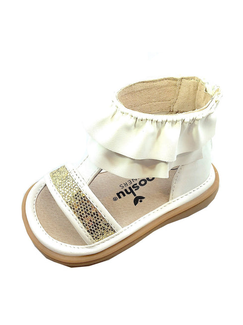Mooshu Trainers Little Girls White Squeaky Lucy Ruffle Strap Sandals 5-9 Toddler - SophiasStyle.com