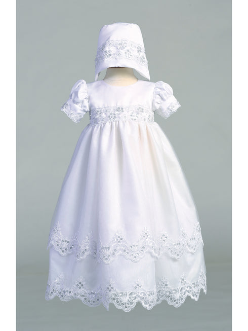 Lito Baby Girls White Satin Tulle Embroidered Trim Christening Gown 0-18 Months - SophiasStyle.com