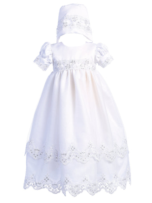 Lito Baby Girls White Satin Tulle Embroidered Trim Christening Gown 0-18 Months - SophiasStyle.com