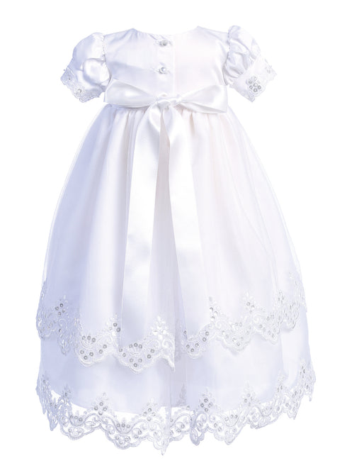 Lito Baby Girls White Satin Tulle Embroidered Trim Christening Gown 0-18 Months - SophiasStyle.com