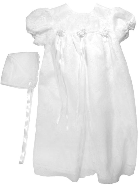Baby Girls White Lace Satin Ribbon Bonnet Christening Dress Outfit 0-24M - SophiasStyle.com