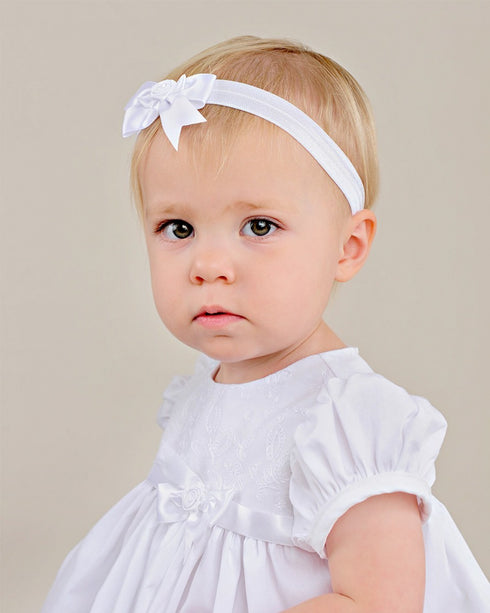 Baby Girls White Embroidered Satin Ribbon Headband Sarah Christening Dress 3-24M - SophiasStyle.com