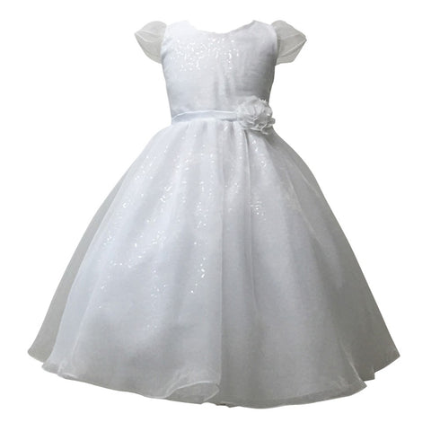 Petite Adele Little Girls White Satin Sequin Organza Flower Girl Dress 2-6 - SophiasStyle.com