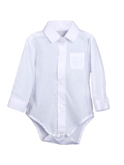 Baby Boys White Poly Cotton Button Up Dress Shirt Bodysuit NB-24M - SophiasStyle.com