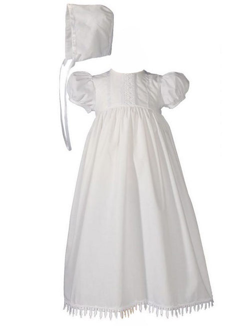 Baby Girls White Poly Cotton Teardrop Lace Bonnet Christening Gown 0-12M - SophiasStyle.com