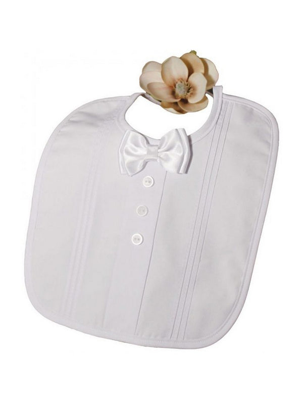 Little Things Mean A Lot Boys White Satin Pin Tuck Bow Tie Bib - SophiasStyle.com