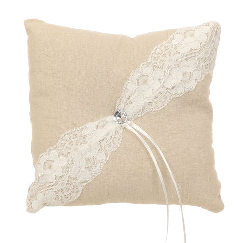 Khaki White Burlap Lace Decorated Ring Bearer Pillow - SophiasStyle.com