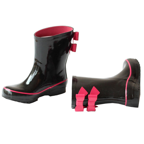 Pluie Pluie Girls Black Fuchsia Double Bow Rain Boots 5-10 Toddler - SophiasStyle.com