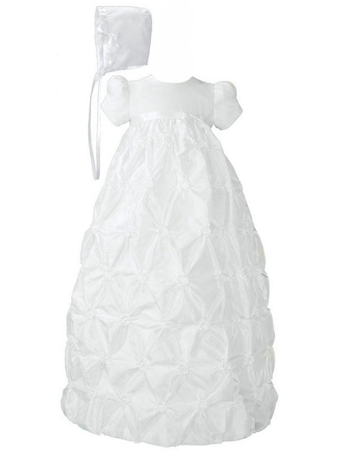 Baby Girls White Bonnet Rosette Taffeta Christening Dress Outfit 0-24M - SophiasStyle.com