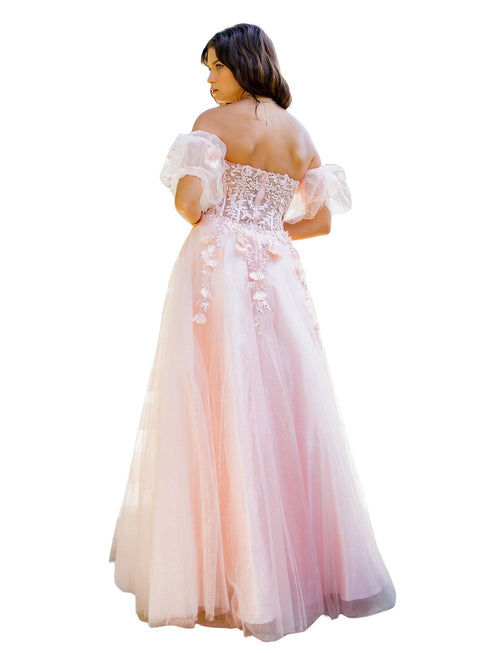 Bliss 3D Beaded Floral Applique Tulle Gown for Women with Corset Top and Elastic Cuff Bubble Sleeves, Sizes XS-3XL - SophiasStyle.com