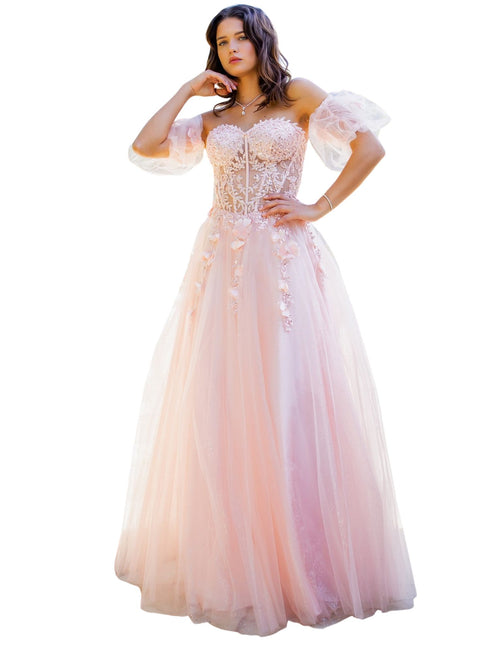 Bliss 3D Beaded Floral Applique Tulle Gown for Women with Corset Top and Elastic Cuff Bubble Sleeves, Sizes XS-3XL - SophiasStyle.com