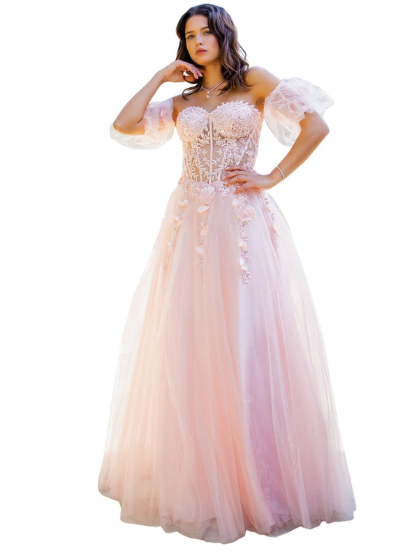 Bliss 3D Beaded Floral Applique Tulle Gown for Women with Corset Top and Elastic Cuff Bubble Sleeves, Sizes XS-3XL - SophiasStyle.com