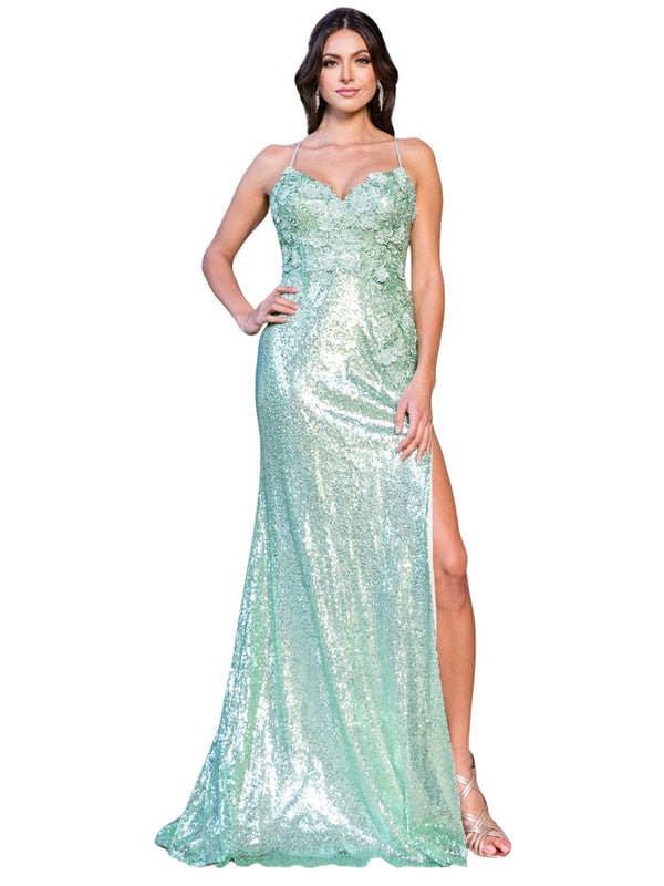 Bliss 3D Flower Applique Rhinestone Bead Sequin Accent Slit Gown for Women, Sizes XS-3XL - SophiasStyle.com