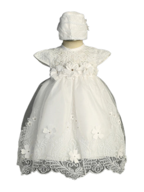Little Girls White 3D Flower Diamond Cape Sleeve Bonnet Baptism Gown Newborn-3 - SophiasStyle.com
