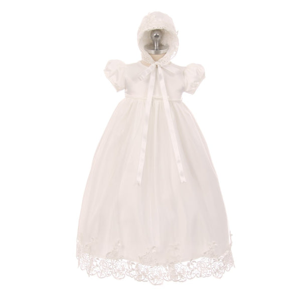 Rain Kids Baby Girls Ivory Lace Satin Tulle Overlay Bonnet Baptism Dress 0-12M - SophiasStyle.com