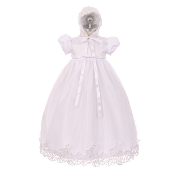 Rain Kids Little Girls White Lace Satin Tulle Overlay Bonnet Baptism Dress 2-4 - SophiasStyle.com
