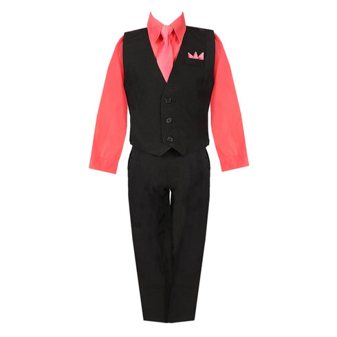 Little Boys Black Coral Shirt Vest Pants Neck Tie Pocket Hanky 5 pcs Suit 2-7 - SophiasStyle.com