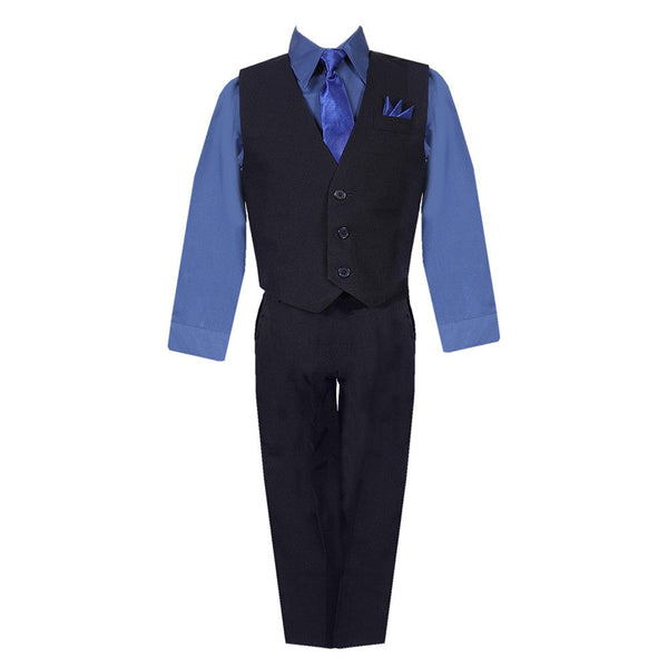 Little Boys Black Navy Shirt Vest Pants Neck Tie Pocket Hanky 5 pcs Suit 2-7 - SophiasStyle.com