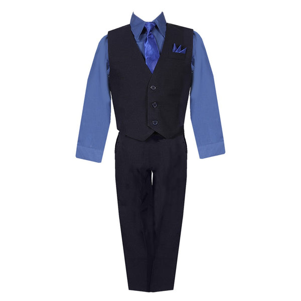Big Boys Black Navy Shirt Vest Pants Neck Tie Pocket Hanky 5 pcs Suit 8-20 - SophiasStyle.com