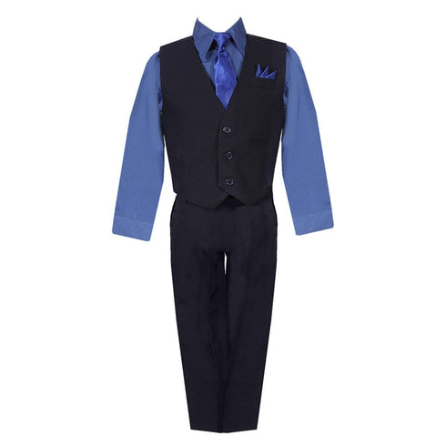 Baby Boys Black Navy Shirt Vest Pants Neck Tie Pocket Hanky 5 pcs Suit 3-24M - SophiasStyle.com