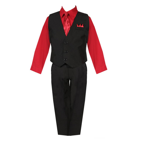 Big Boys Black Red Shirt Vest Pants Neck Tie Pocket Hanky 5 pcs Suit 8-20 - SophiasStyle.com