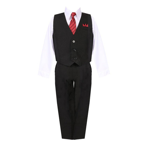 Little Boys Black White Shirt Vest Pants Neck Tie Pocket Hanky 5 pcs Suit 2-7 - SophiasStyle.com