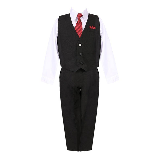 Little Boys Black White Shirt Vest Pants Neck Tie Pocket Hanky 5 pcs Suit 2-7 - SophiasStyle.com